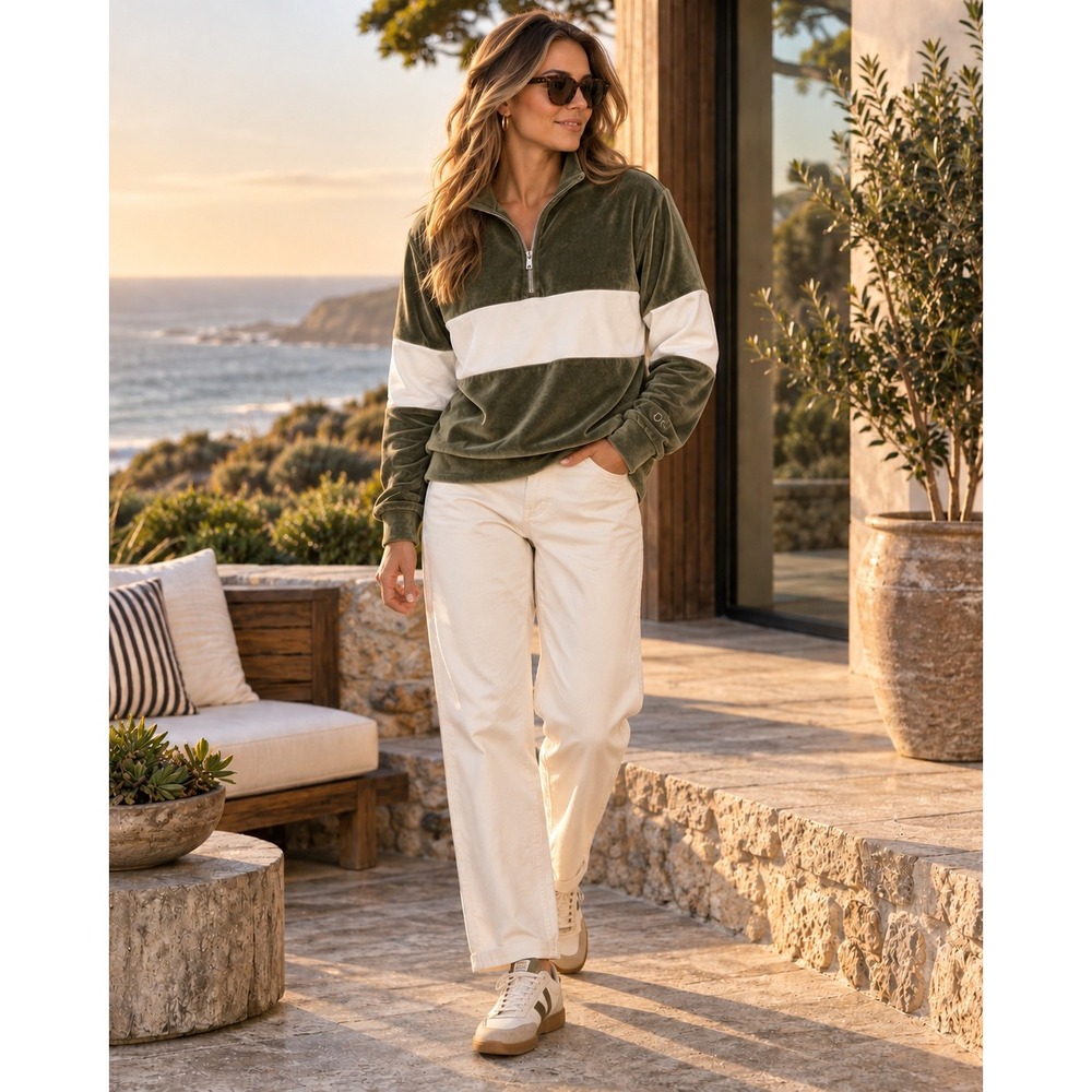 Outerknown Quarter Zip Pullover Women Medium Olive Green Excellent Velour Stripe